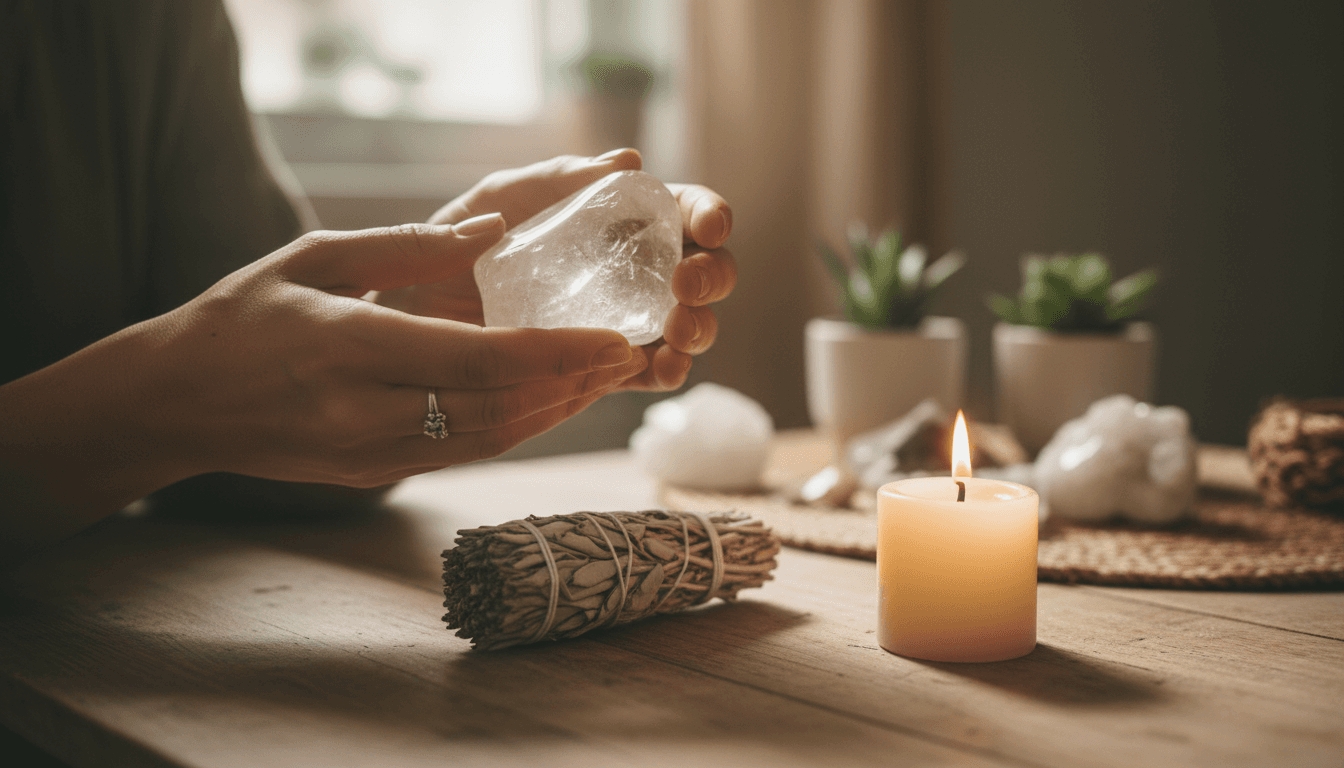 Woman's hands holding a crystal over a smudge bundle on a wooden table with candlelight
