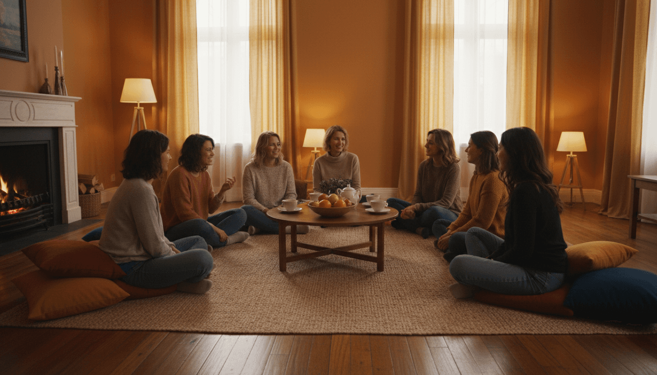 Women sitting in a circle having a heartfelt conversation in a warm room