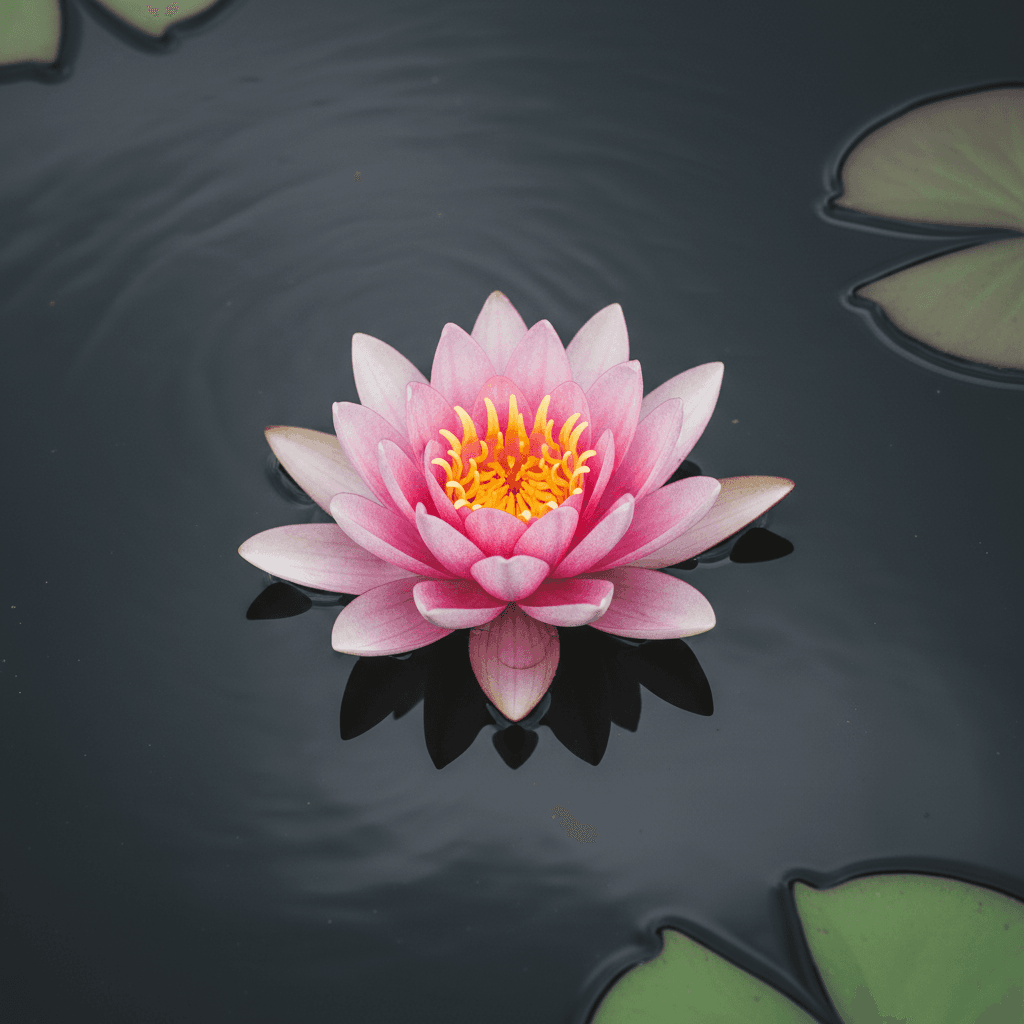A single blooming pink lotus flower floating on dark calm water