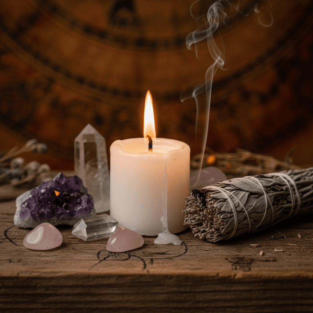 Close up of a candle flame with crystals and sage on a wooden altar