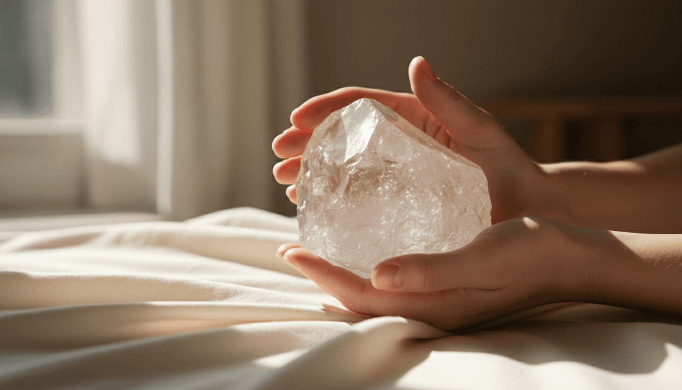 Hands holding a clear quartz crystal on natural fabric