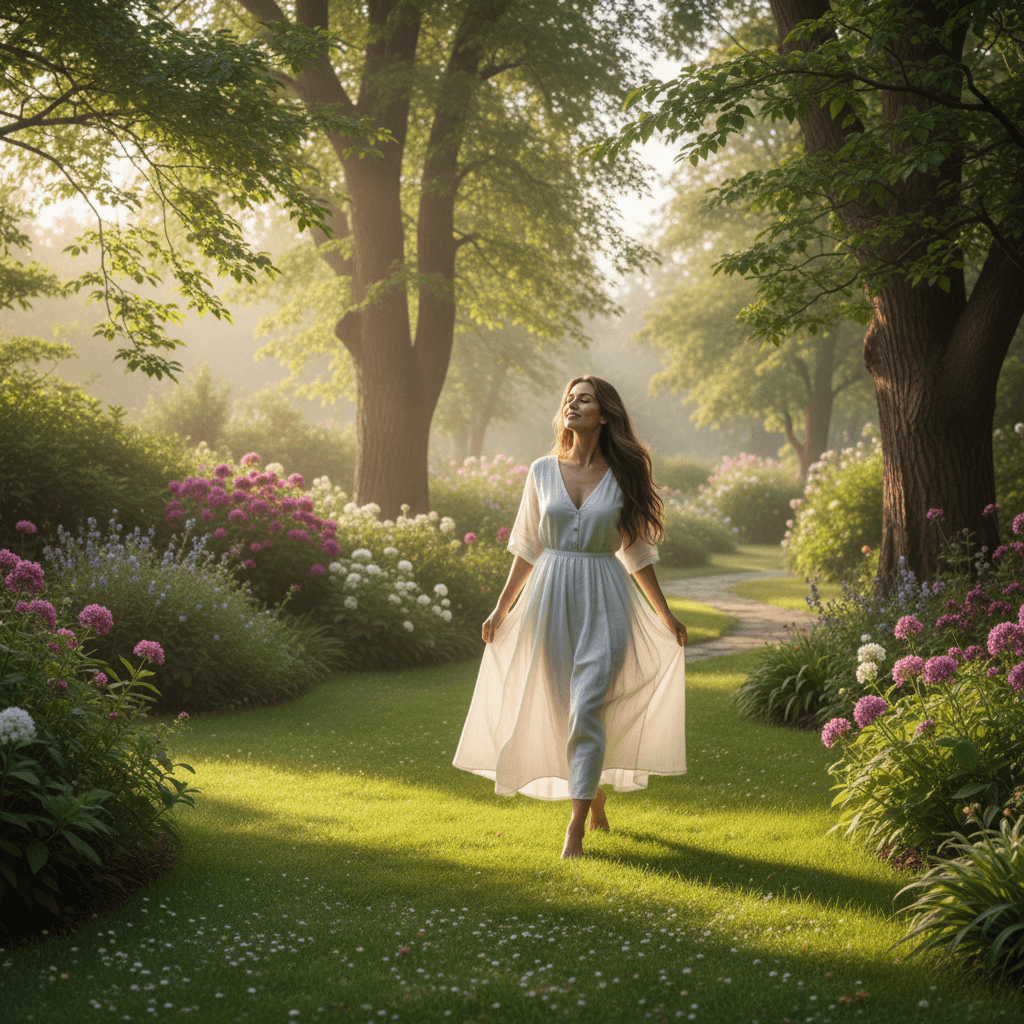 Woman walking barefoot on grass in a garden with trees and soft morning light