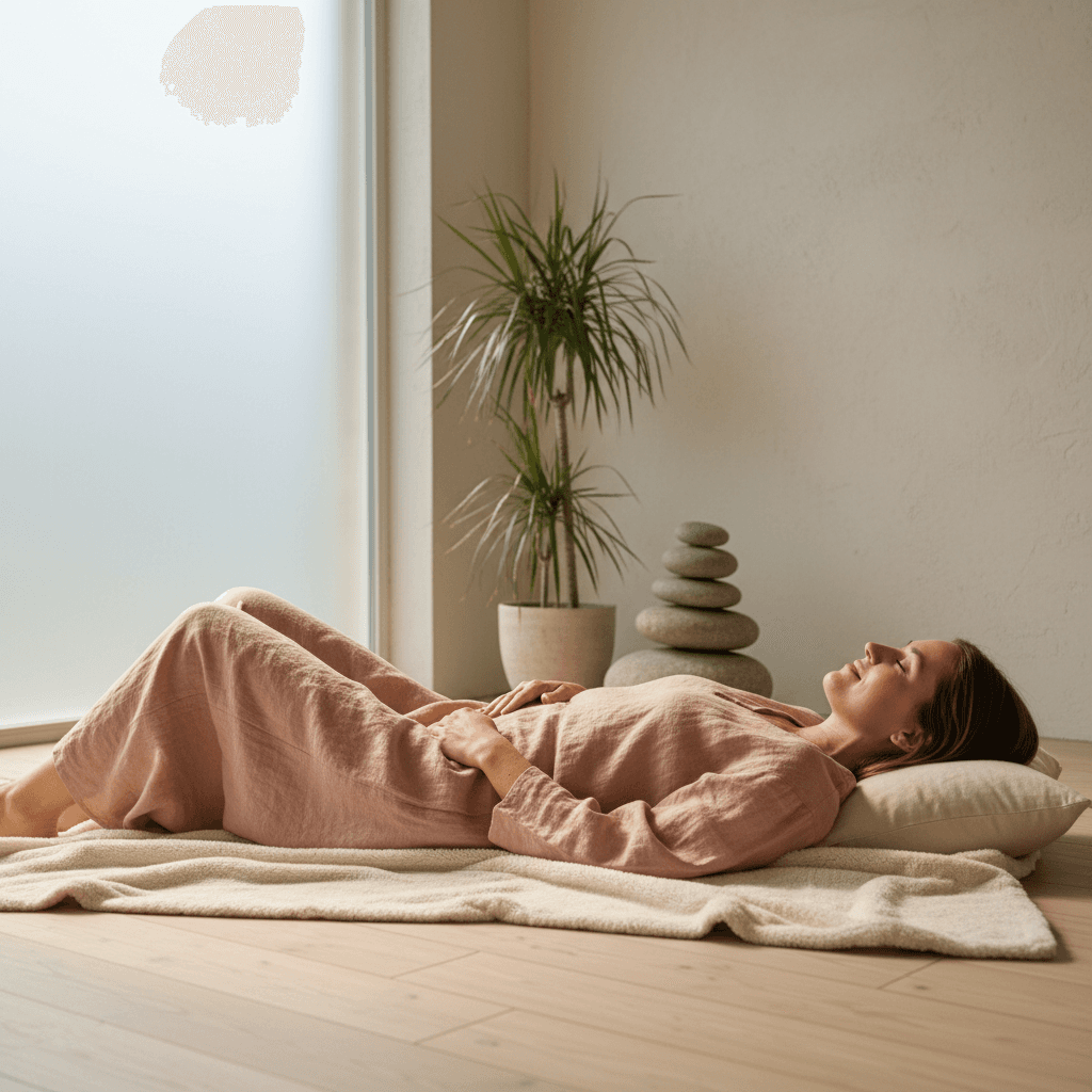 Woman lying down relaxing with hands on stomach in a calm serene space