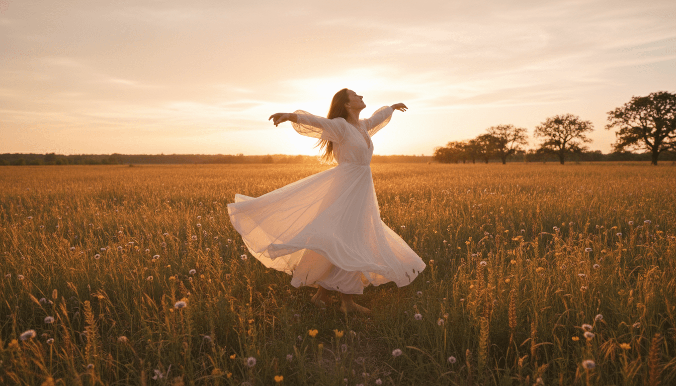 Woman in flowing dress moving freely in a sunlit field
