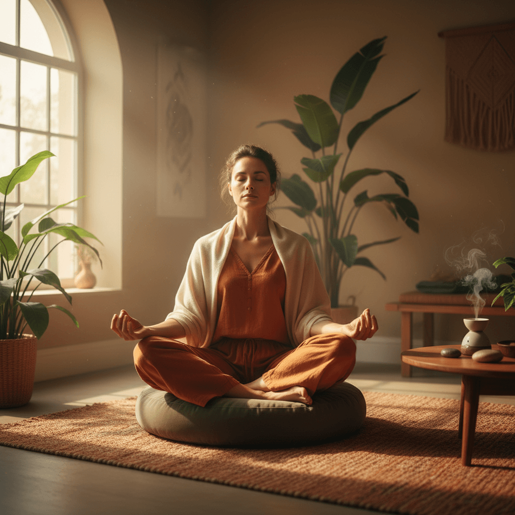 Woman sitting in peaceful meditation in a sunlit room with warm earth tones and soft lighting