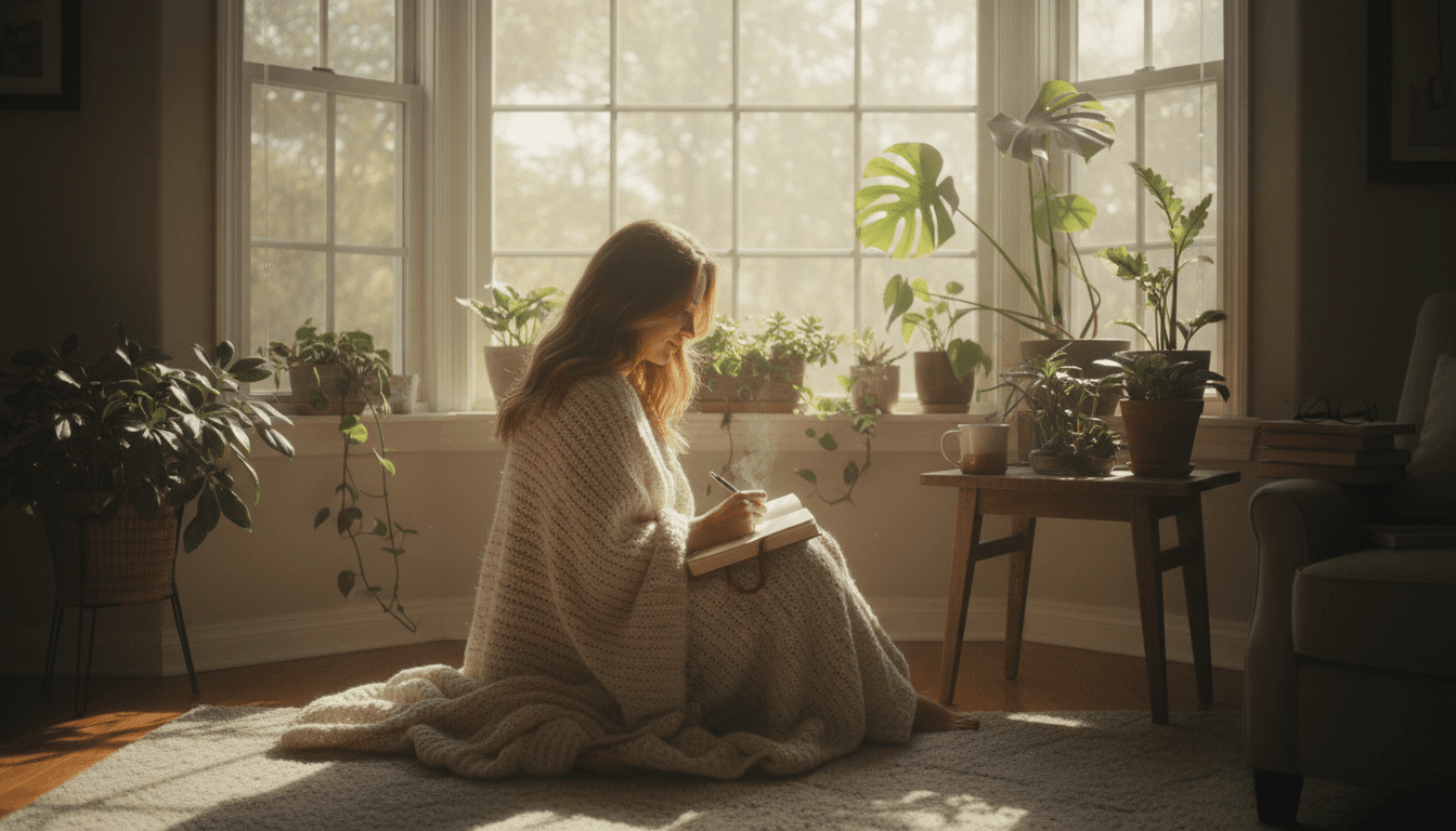 Woman journaling by a window with natural light and plants