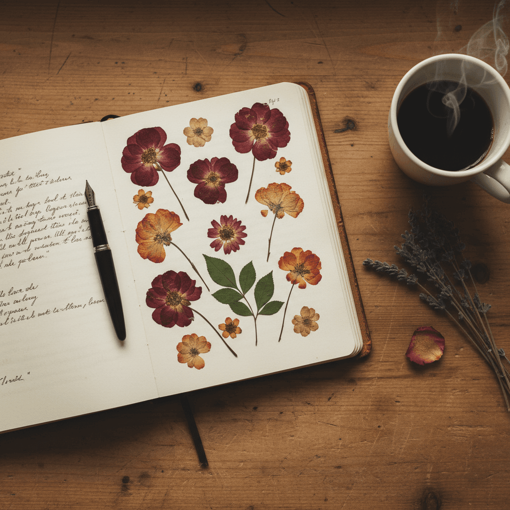 Open journal with a pen and dried flowers on a wooden desk next to a steaming mug