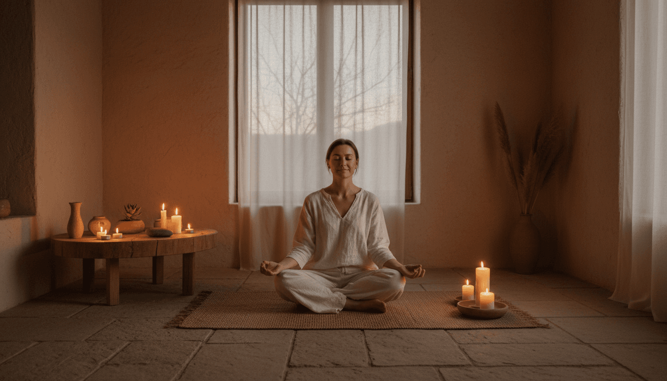 Woman sitting in peaceful meditation in a warm, earthy room with candles and soft light