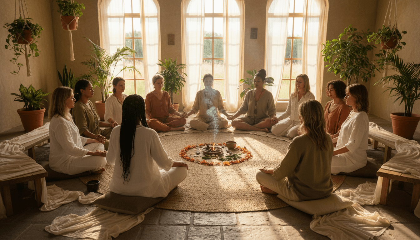 Multicultural group of women in a circle, engaging in a sacred, healing ritual.