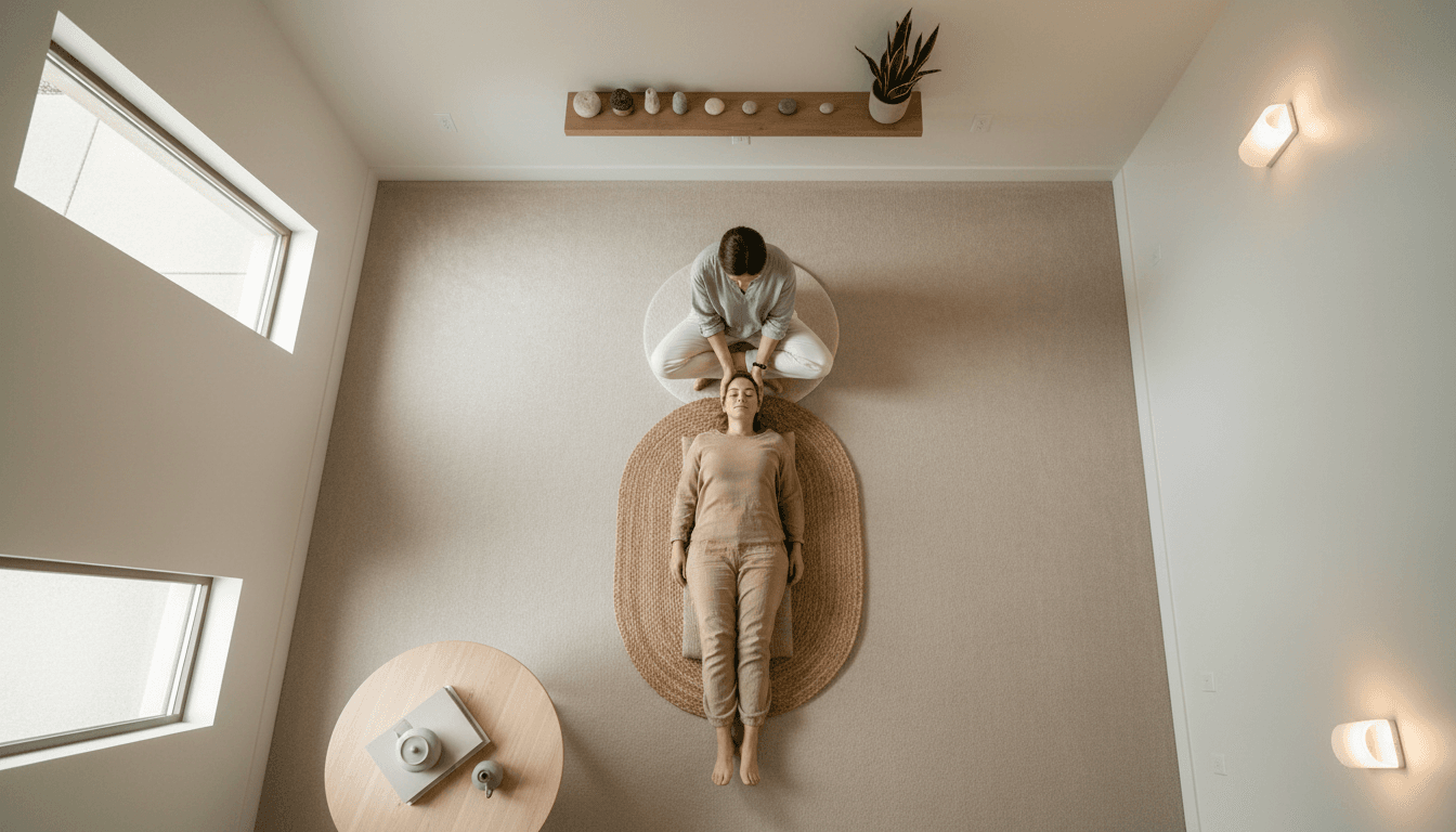 Overhead view of practitioner and client during floor-based somatic session with gentle hands-on nervous system guidance