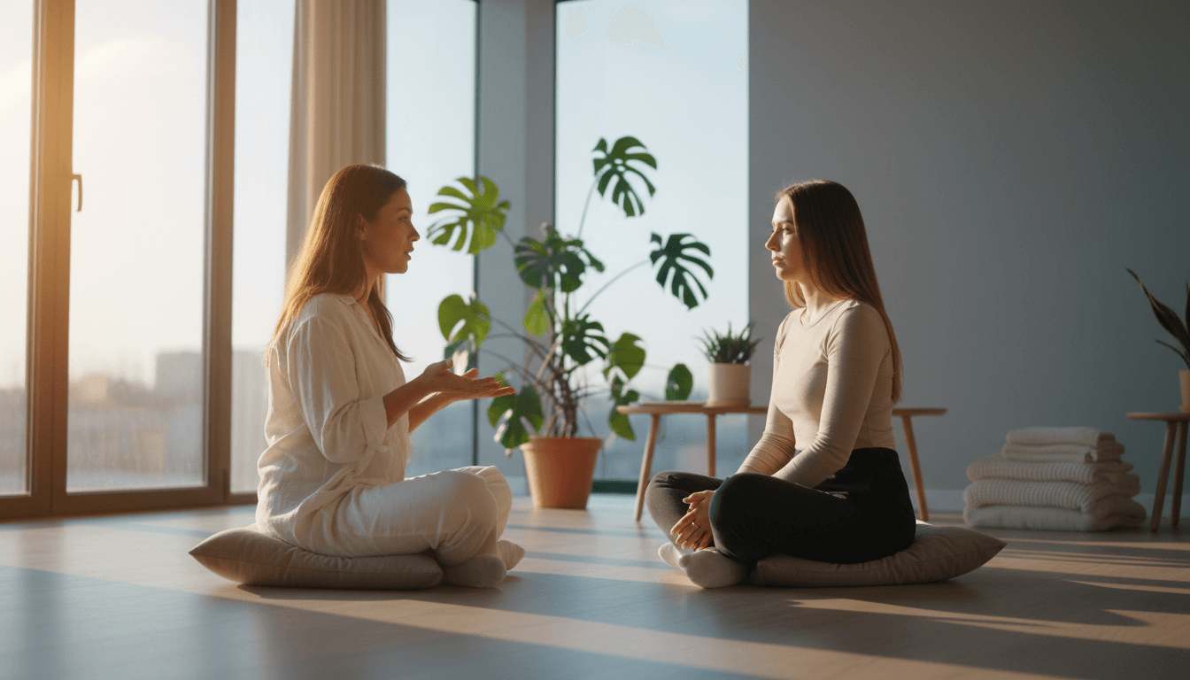 Coach and client in contemplative conversation during mindfulness session in naturally lit meditation room with plants