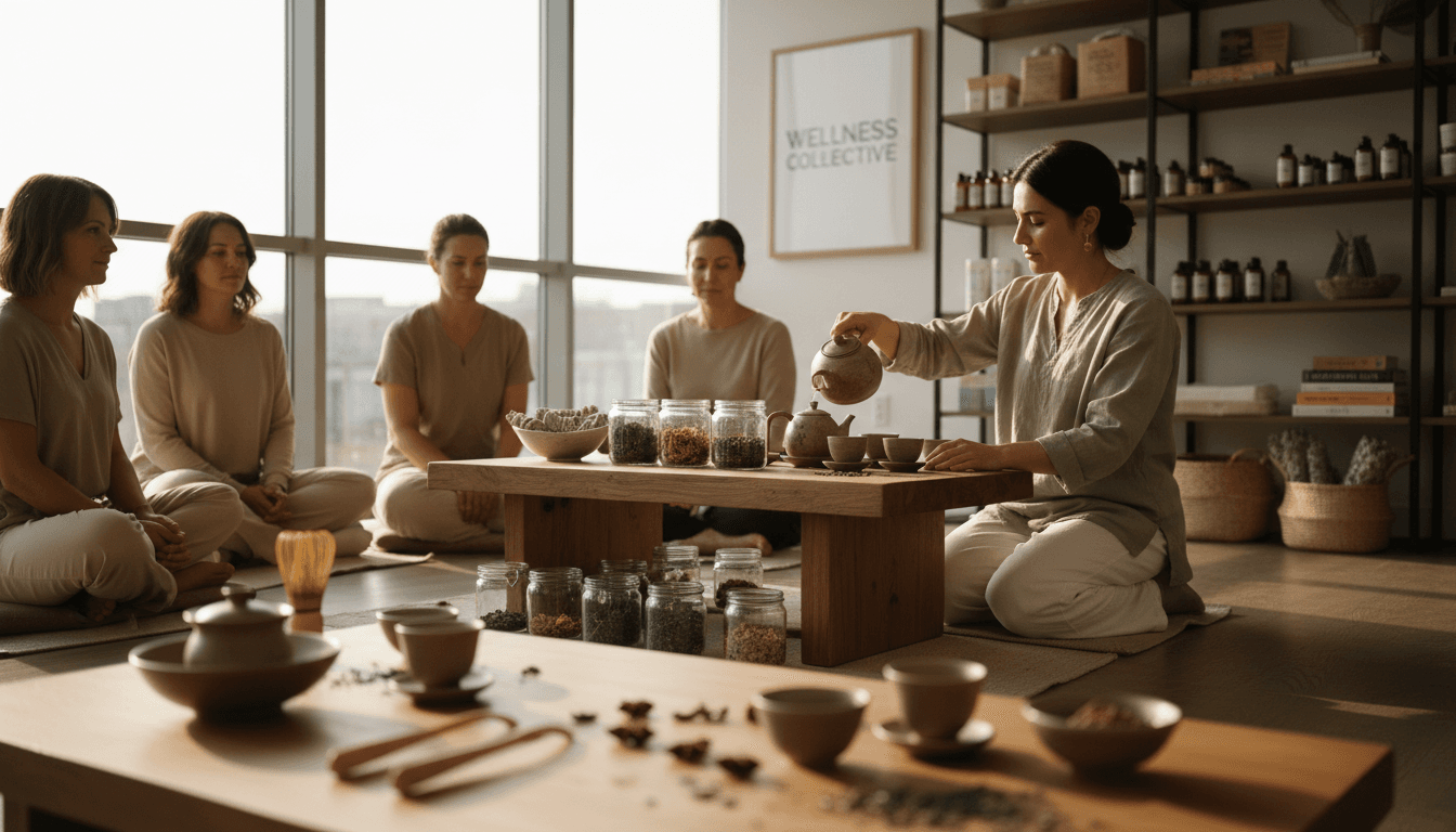Tea ceremony instructor pouring hot water into ceramic cups for diverse workshop participants seated around wooden table with tea selections