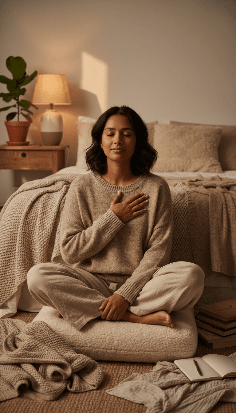 Person in meditative pose with hand over heart, sitting peacefully in softly-lit bedroom sanctuary