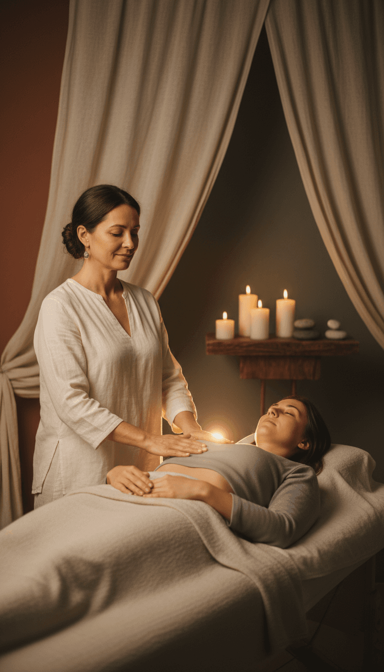 Wellness practitioner guiding energy healing session with client on treatment table in serene sanctuary setting