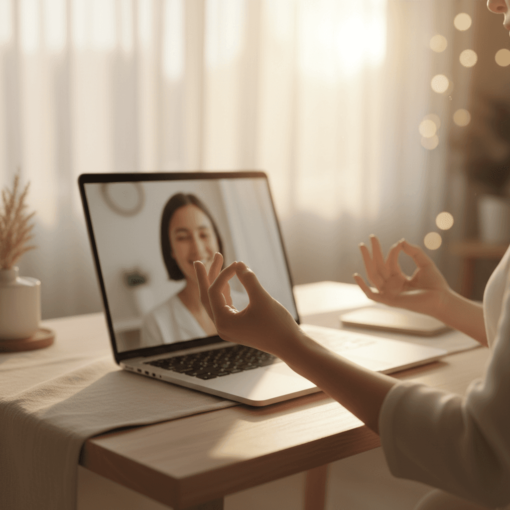 Healer's hands in meditative gesture above laptop during remote energy healing session with warm ambient lighting