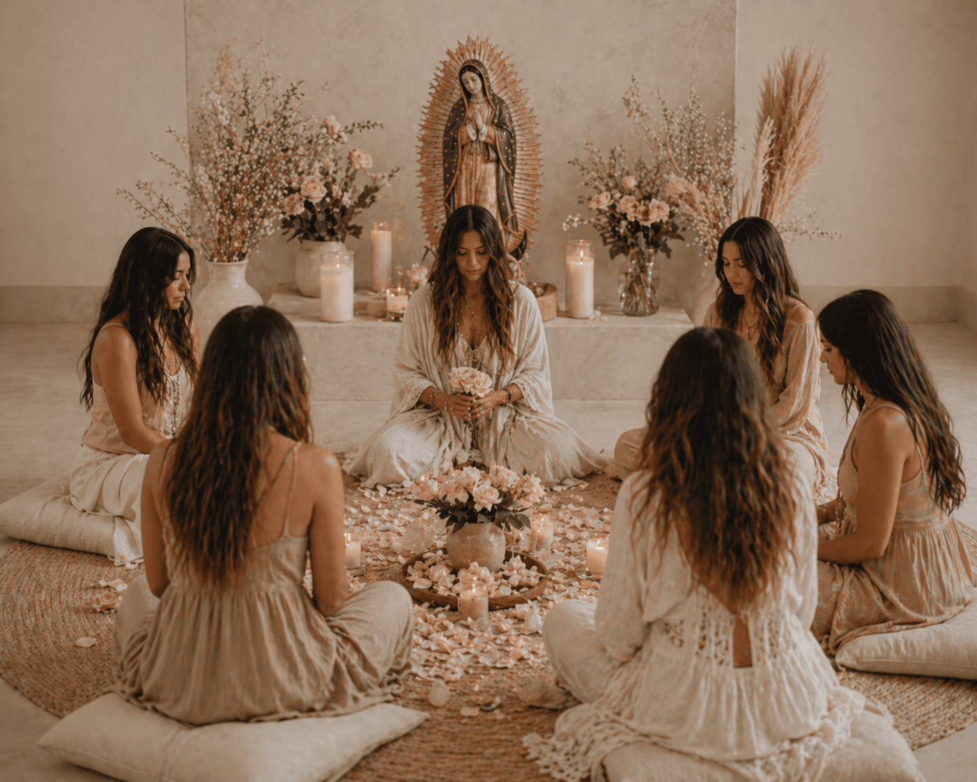 Six women sit in a circle for a spiritual ceremony with roses and candles.