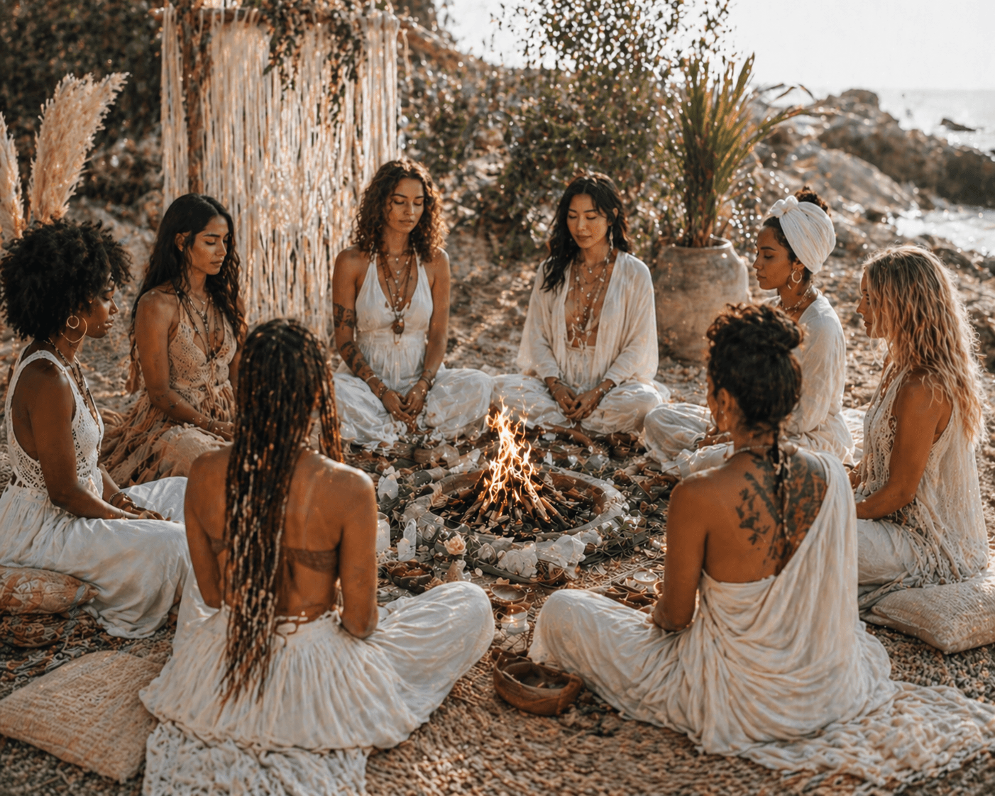 Diverse women in white bohemian clothing sit in a circle around a small beach fire.